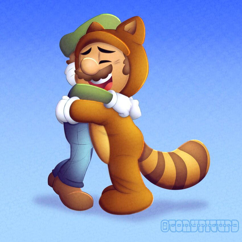 2boys absurdres brothers brown_hair closed_eyes facial_hair gloves grin hat highres hug luigi mario mario_(series) multiple_boys mustache nintendo overalls raccoon_mario raccoon_tail siblings smile tail tanooki_mario the_super_mario_bros._movie