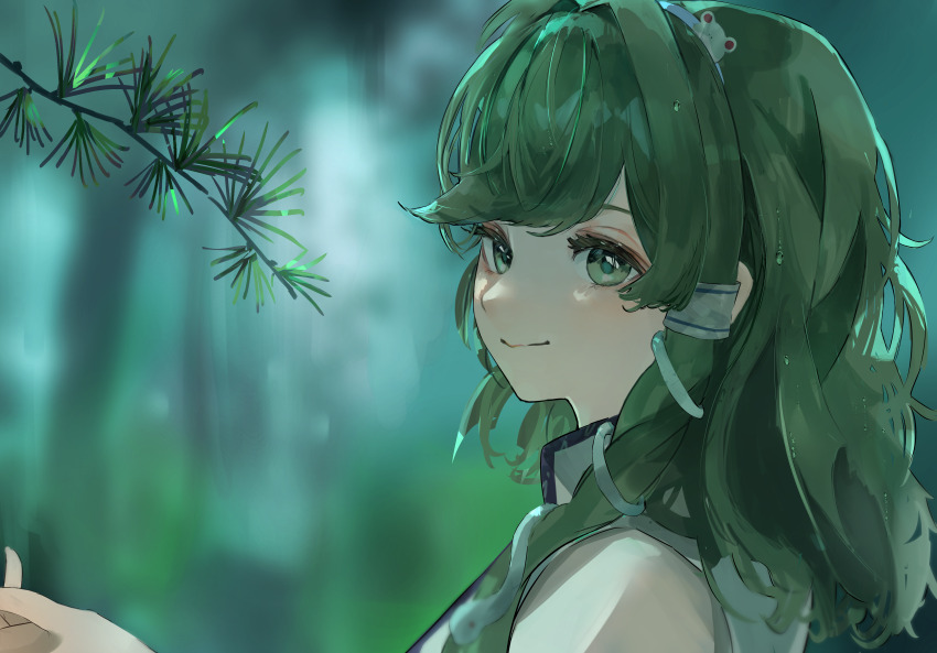 1girl absurdres asymmetrical_hair blurry blurry_background branch closed_mouth commentary_request eneshi forest frog_headband from_side green_eyes green_hair hair_behind_ear hair_ornament hair_over_shoulder hair_tubes hand_up highres kochiya_sanae light_blush looking_at_viewer looking_to_the_side medium_hair nature outdoors plant shirt single_bare_shoulder single_hair_tube single_sidelock sleeveless sleeveless_shirt smile snake_hair_ornament solo touhou upper_body water_drop wet wet_hair white_shirt