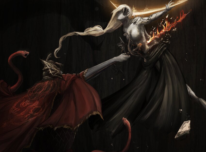 1boy 1girl absurdres armor bare_shoulders black_snake blonde_hair breasts broken_skin cape cleavage cracked_skin crucifixion dress elden_ring elden_ring:_shadow_of_the_erdtree fire gold helmet highres holding holding_weapon impaled long_hair messmer_the_impaler ornate ornate_armor ornate_weapon polearm queen queen_marika_the_eternal red_cape red_hair red_robe red_snake robe satsu-strive single_bracelet snake snake_on_shoulder topless_female very_long_hair weapon winged_helmet
