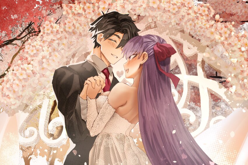 1boy 1girl absurdres alternate_costume bb_(fate) bow breasts bride dress elbow_gloves fate/grand_order fate_(series) formal_clothes fujimaru_ritsuka_(male) gloves groom hair_bow highres holding_hands interlocked_fingers large_breasts long_hair obazzotto purple_eyes purple_hair red_bow strapless strapless_dress suit tuxedo very_long_hair wedding wedding_dress white_dress
