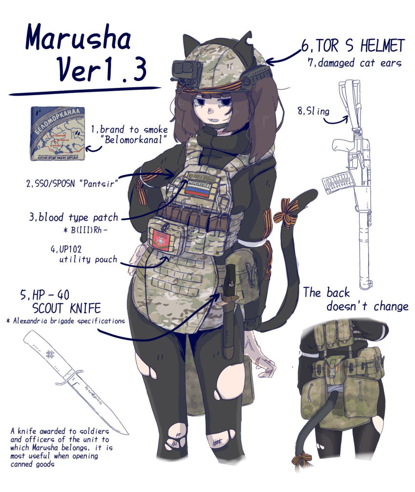 1girl action_camera animal_ears as_val assault_rifle b1-517 battle_damage body_armor cat_ears cat_tail reference_sheet fake_animal_ears gun helmet highres kalashnikov_rifle knife load_bearing_equipment marusha_(b1-517) original pantyhose ribbon_of_saint_george rifle russian_ground_forces russian_military scar scar_on_neck solo standing tail torn_clothes torn_pantyhose video_camera weapon