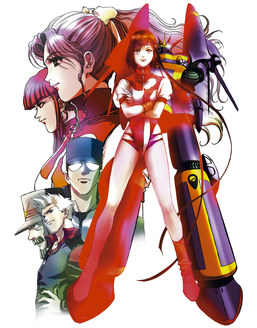 3boys 3girls absurdres amano_kazumi gunbuster hat highres jung_freud koichiro_ohta leotard mecha mikimoto_haruhiko military military_uniform multiple_boys multiple_girls oota_kouichirou robot smith_toren sunglasses takaya_noriko tashiro_tatsumi top_wo_nerae! top_wo_nerae!_(series)