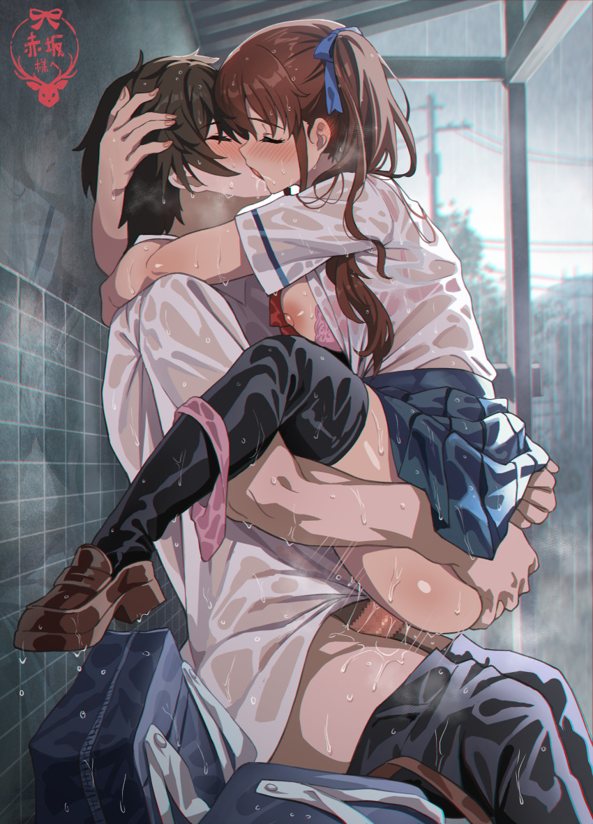 1boy 1girl absurdres akazawa_izumi another black_hair black_thighhighs breasts brown_hair brown_shoes censored clothed_sex clothes_lift commentary_request elocca french_kiss grey_sky hetero highres kiss large_breasts loafers mosaic_censoring outdoors panties panties_around_leg penis pink_panties rain sakakibara_kouichi school_uniform sex shirt shoes short_hair skirt skirt_lift sky suspended_congress thighhighs underwear wet wet_clothes wet_shirt white_shirt