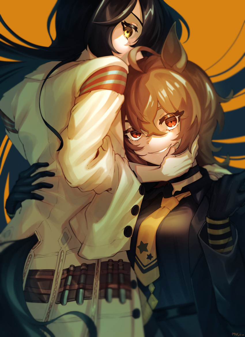 2girls absurdres animal_ears arm_around_waist black_choker black_gloves black_hair black_shirt bow brown_hair choker coat collared_shirt cosplay costume_switch crossed_bangs gloves hair_bow hand_on_another&#039;s_face highres horse_ears horse_girl horse_tail hug lab_coat long_hair long_sleeves looking_at_viewer medium_hair mujintou_png multiple_girls necktie red_eyes shirt simple_background tail test_tube umamusume very_long_hair white_coat wolf_cut yellow_background yellow_eyes yellow_necktie yuri