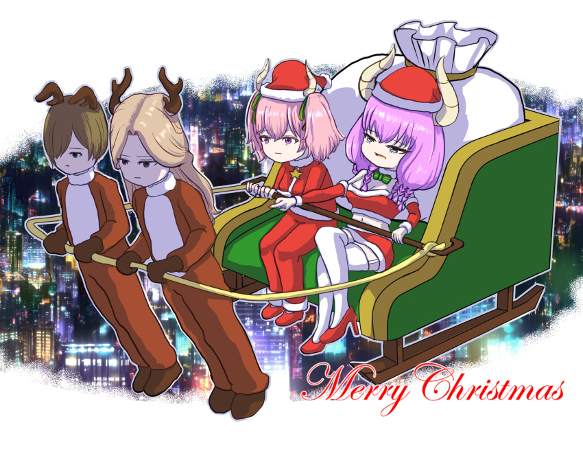 2boys 2girls androgynous animal_costume antlers aura_(sousou_no_frieren) blonde_hair bow bowtie braid breasts brown_hair cleavage commentary_request crossed_legs demon_boy demon_girl demon_horns detached_collar draht_(sousou_no_frieren) expressionless fake_antlers garter_straps green_bow green_bowtie hair_over_one_eye hat high_heels highres horns jacket lemoncha linie_(sousou_no_frieren) lugner_(sousou_no_frieren) medium_breasts merry_christmas miniskirt multiple_boys multiple_girls pants pink_hair red_jacket red_pants reindeer_antlers reindeer_costume sack santa_costume santa_hat skirt sleigh smile sousou_no_frieren thighhighs twintails white_thighhighs