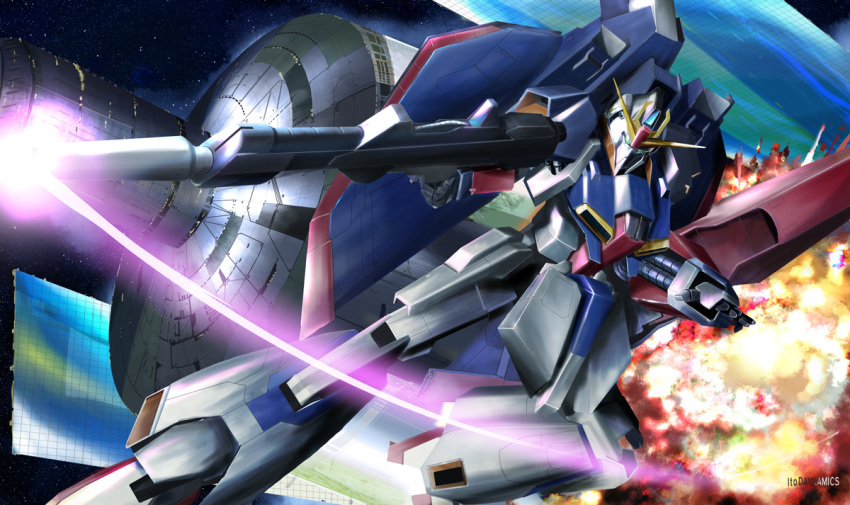 anaheim_electronics battle beam_rifle energy_beam energy_gun explosion firing gundam i.t.o_daynamics machinery mecha mecha_focus mobile_suit no_humans realistic robot science_fiction signature solar_panel space space_habitat star_(symbol) star_symbol_background v-fin weapon zero_gravity zeta_gundam zeta_gundam_(mobile_suit)