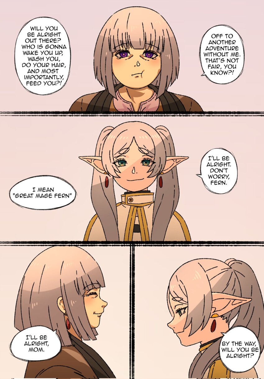2girls aged_up alternate_hairstyle basedlida closed_eyes comic corrupted_twitter_file earrings elf en english_text fern_(sousou_no_frieren) frieren grey_hair highres jewelry mother_and_daughter multiple_girls old old_woman pointy_ears pout right-to-left_comic sad smile sousou_no_frieren speech_bubble white_hair