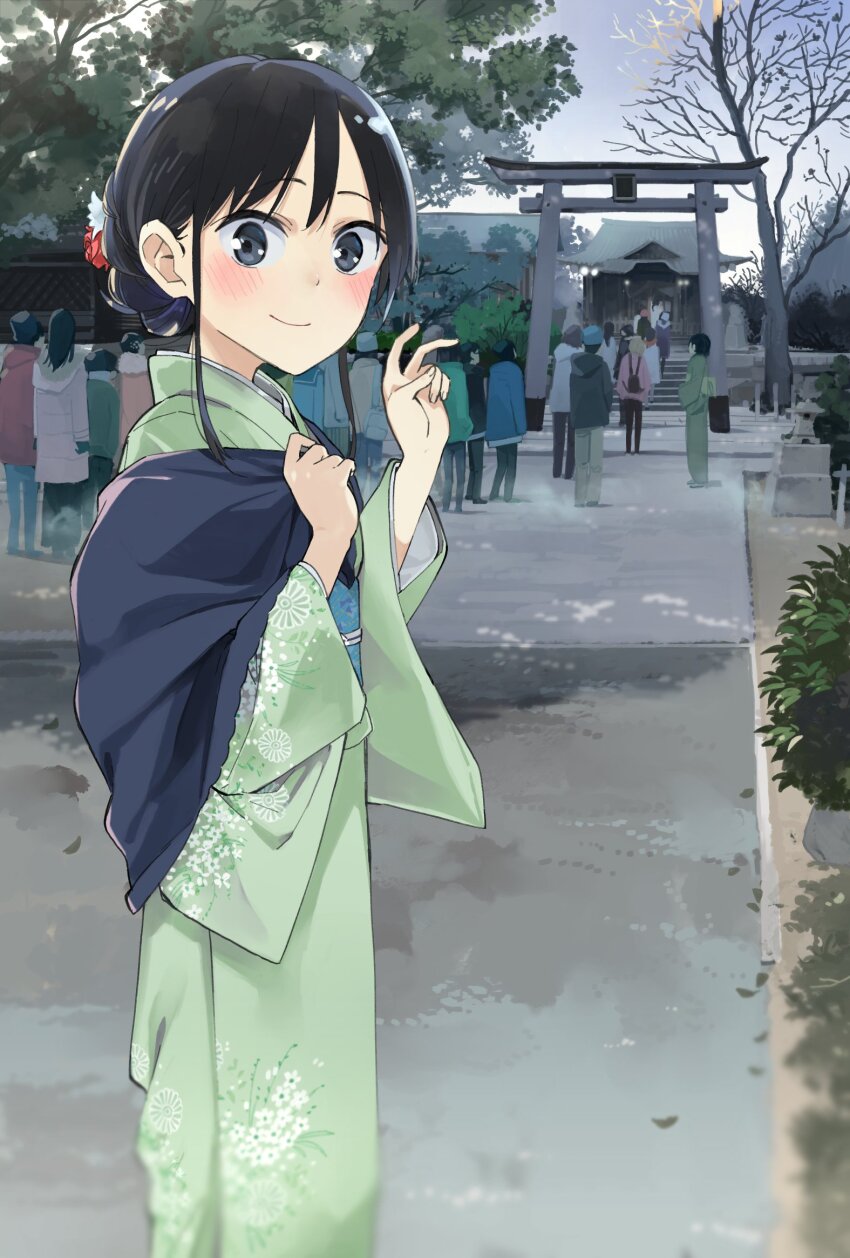 architecture black_eyes black_hair blush braid closed_mouth dawn day east_asian_architecture giji_harem green_kimono hair_ornament hatsumoude highres japanese_clothes kimono looking_at_viewer nanakura_rin new_year outdoors saitou_yuu shrine smile solo_focus standing temple torii tree v