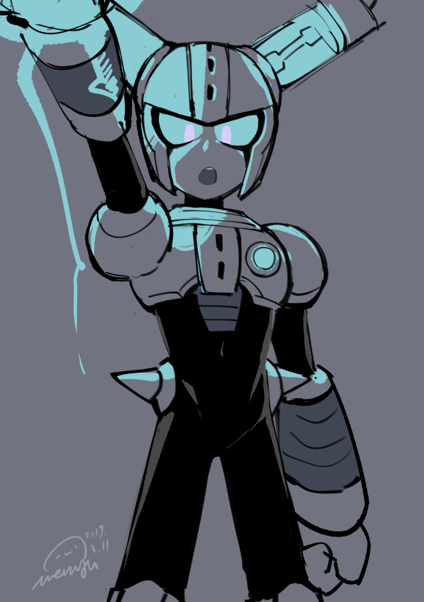 1boy absurdres android arm_up armor black_bodysuit bodysuit breastplate clenched_hand covered_navel feet_out_of_frame fuse fuse_man gloves glowing helmet highres joints light_source looking_at_viewer looking_down male_focus mega_man_(classic) mega_man_(series) mega_man_11 parted_lips purple_eyes robot robot_joints shoulder_armor simple_background solo solo_focus standing teeth upper_teeth_only vambraces wenyu