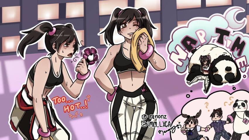 1boy 2girls black_hair bracelet brown_shirt dreaming electric_fan gym hair_between_eyes hand_fan hand_on_own_hip highres holding holding_fan holding_hands instagram_username jacket jewelry kazama_jin ling_xiaoyu lxca midriff multiple_girls multiple_views open_mouth panda panda_(tekken) pants red_jacket school_uniform shirt sleeping stomach sweat tekken tekken_4 towel twintails twitter_username white_pants wrapped