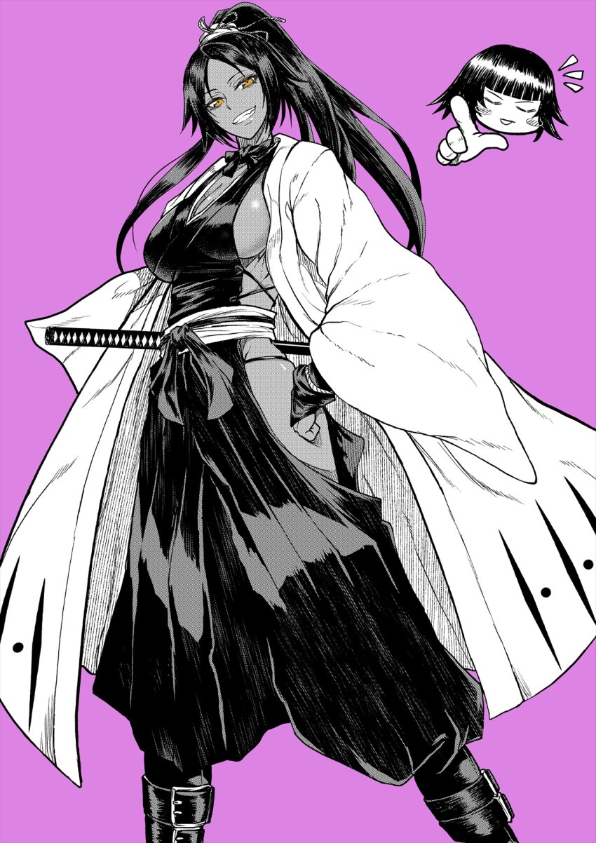 1girl 2girls bleach breasts commentary_request dark-skinned_female dark_skin grin hakama hakama_skirt hand_on_own_hip haori highres japanese_clothes kawabata_yoshihiro large_breasts long_hair looking_at_viewer monochrome multiple_girls ponytail purple_background sheath sheathed shihouin_yoruichi sideboob sideless_kimono skirt smile spot_color sui-feng taichou_haori yellow_eyes zanpakutou