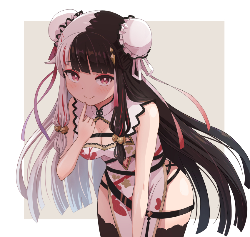 1girl animal_print arms_between_legs bell black_hair black_skirt black_thighhighs blunt_bangs bow breasts bun_cover china_dress chinese_clothes cleavage cleavage_cutout clothing_cutout commentary_request cross-laced_slit dress dress_bow finger_to_own_chin hair_bell hair_ornament haniwa_(leaf_garden) highres jingle_bell leaning_forward licking licking_another&#039;s_cheek licking_another&#039;s_face long_hair looking_at_viewer medium_breasts multicolored_hair nijisanji official_alternate_costume official_alternate_hairstyle pelvic_curtain rabbit_print red_eyes red_hair side_slit sidelocks skirt sleeveless sleeveless_dress solo split-color_hair streaked_hair thighhighs two-tone_hair virtual_youtuber white_dress white_hair yorumi_rena yorumi_rena_(10th_costume)