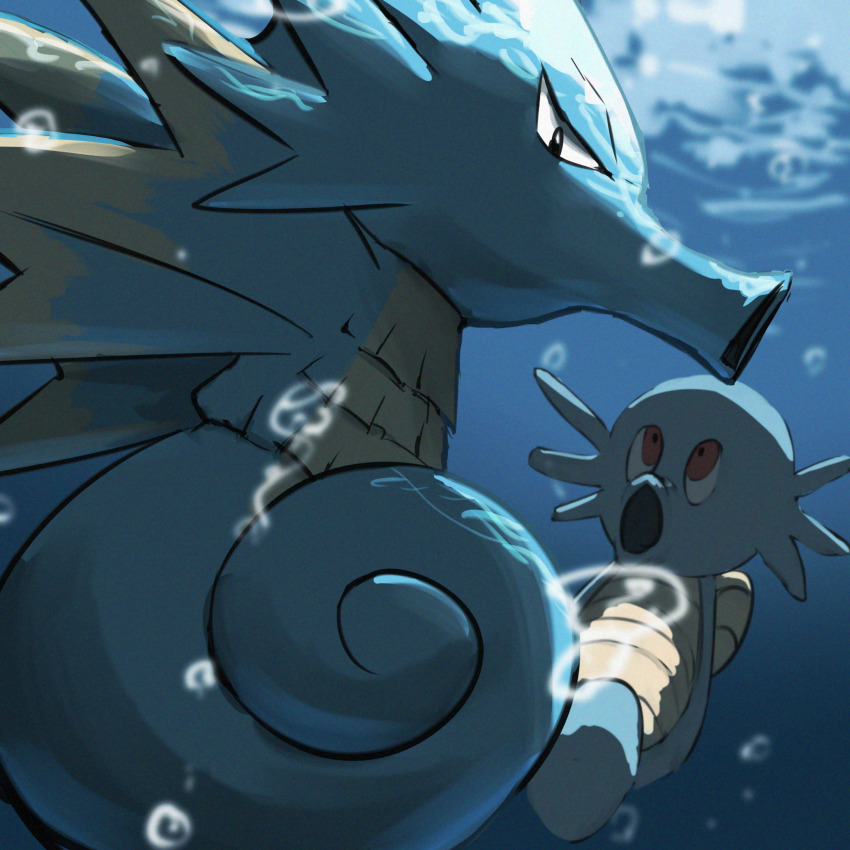 absurdres air_bubble bubble gen_1_pokemon highres horsea looking_at_viewer nintendo no_humans pokemon pokemon_(creature) red_eyes seadra spicyichizo underwater