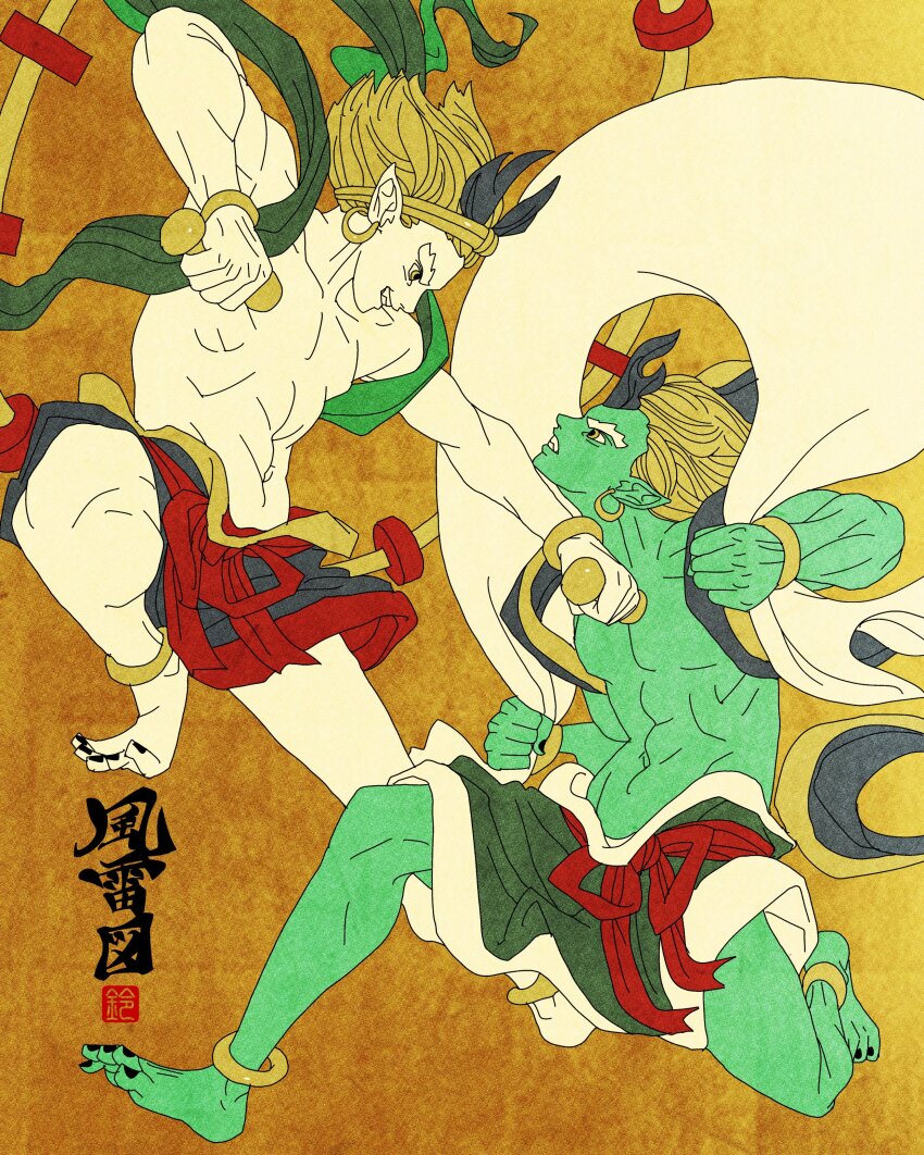 2boys absurdres anklet barefoot black_hair blonde_hair colored_skin earrings fighting fine_art_parody fuujin_(mythology) green_skin green_skirt highres hoop_earrings inkan japanese_mythology japanese_text jewelry looking_at_another multiple_boys muscular muscular_male navel nihonga parody pointy_ears raijin_(mythology) red_skirt sei5osuzuki skirt spiked_hair topless_male wristband yellow_background yellow_eyes