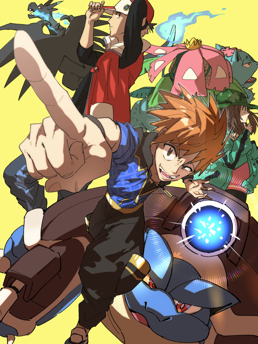1girl 2boys adjusting_clothes adjusting_headwear black_hair blastoise blue_fire blue_oak blue_oak_(sygna_suit) charizard dragon_wings fire game_freak gen_1_pokemon grin highres korokoro_daigorou leaf_(pokemon) leaf_(sygna_suit)_(pokemon) mega_blastoise mega_charizard_x mega_pokemon mega_venusaur multiple_boys nintendo official_alternate_costume orange_hair pointing pokemon pokemon_(creature) pokemon_masters_ex red_(pokemon) red_(sygna_suit)_(pokemon) smile venusaur wings yellow_background