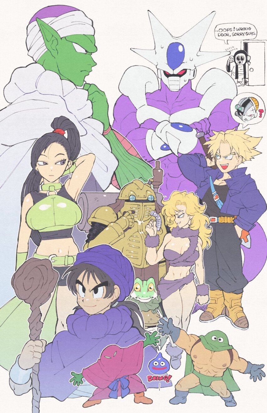 2girls 6+boys ? absurdres ayla_(chrono_trigger) black_hair blonde_hair boots breasts chrono_trigger closed_mouth colored_skin commentary cooler_(dragon_ball) crossed_arms crossover dragon_ball dragon_quest dragon_quest_v dragon_quest_viii dragon_quest_xi dragonball_z english_commentary english_text fifth_form_(dragon_ball) frieza frog_(chrono_trigger) green_skin hand_on_own_hip hero_(dq5) highres holding holding_staff inkerton-kun jacket large_breasts long_hair martina_(dq11) mecha_frieza multiple_boys multiple_girls namekian open_mouth pants pectorals piccolo pointy_ears robo_(chrono_trigger) robot slime_(dragon_quest) spiked_hair staff super_saiyan sweat toriyama_akira_(character) trunks_(dragon_ball) trunks_(future)_(dragon_ball) turban