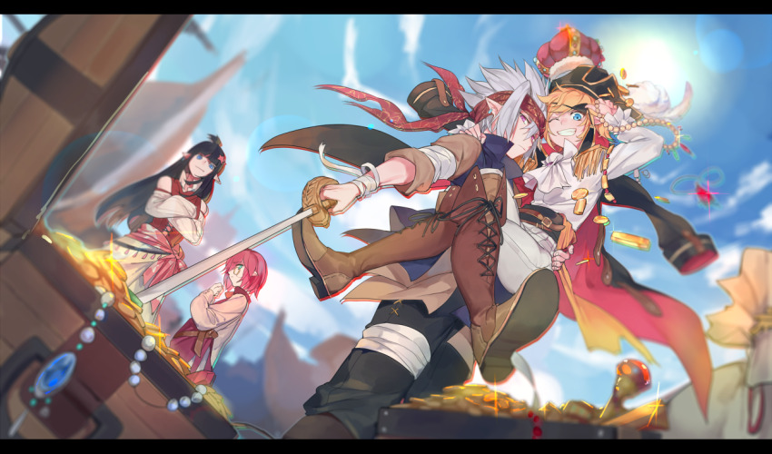 1girl 3boys alternate_costume aotu_world bandages bandana black_hair blonde_hair blue_eyes blue_sky blurry bokyo boots bracelet braid carrying cloud coat coin crossed_arms day depth_of_field detached_sleeves epaulettes gem grey_(aotu_world) grin hat headband holding holding_sword holding_weapon jacket jacket_on_shoulders jewelry kaili_(aotu_world) king_(aotu_world) knee_boots lens_flare letterboxed long_hair multiple_boys necklace outdoors pants phantom.s pirate pirate_hat purple_eyes red_hair ship short_hair sky smile standing sun sword treasure_chest tricorne watercraft weapon white_hair yaoi