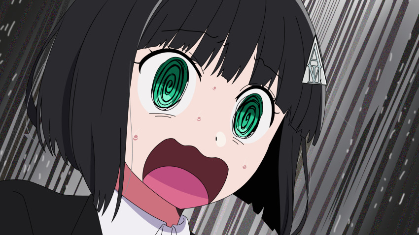 1girl @_@ allmind_(armored_core_vi) arima_kana armored_core armored_core_vi:_fires_of_rubicon black_hair black_suit bob_cut business_suit commentary_request formal_clothes green_eyes han_megumi highres inverted_bob nervous_sweating open_mouth oshi_no_ko parody personification reprilo_channel short_hair suit sweat voice_actor_connection wavy_mouth