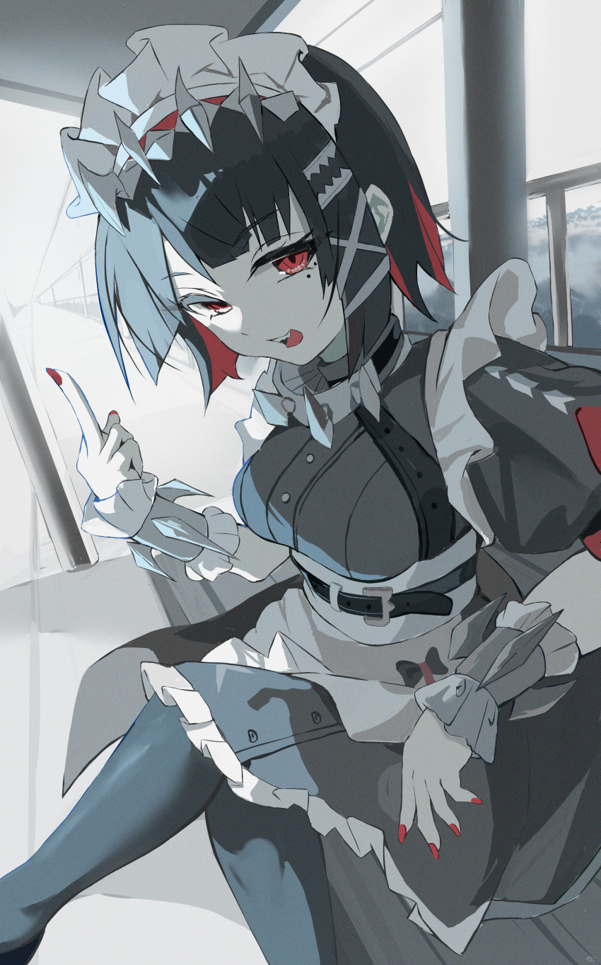 1girl absurdres apron black_dress black_hair black_pantyhose colored_inner_hair crossed_legs dress ellen_joe hair_ornament highres looking_at_viewer maid maid_headdress middle_finger mole mole_under_eye multicolored_hair open_mouth pantyhose red_eyes red_hair solo teeth upper_teeth_only white_apron white_wrist_cuffs wrist_cuffs x_hair_ornament yato_(yama0x1) zenless_zone_zero