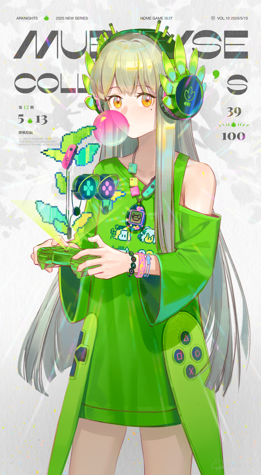 1girl absurdres arknights artist_name asymmetrical_dress blowing_bubble_gum blowing_bubbles bracelet brown_hair character_name character_print chewing_gum commentary controller copyright_name cowboy_shot dated dress game_controller green_dress headphones highres holding holding_controller holding_game_controller hologram jewelry joy-con keycap laurel_ornament lyuqiu mole mole_under_eye muelsyse_(arknights) necklace nintendo_switch_pro_controller orange_eyes pixelated single-shoulder_dress solo tamagotchi_(virtual_pet) virtual_pet_(toy) wide_sleeves