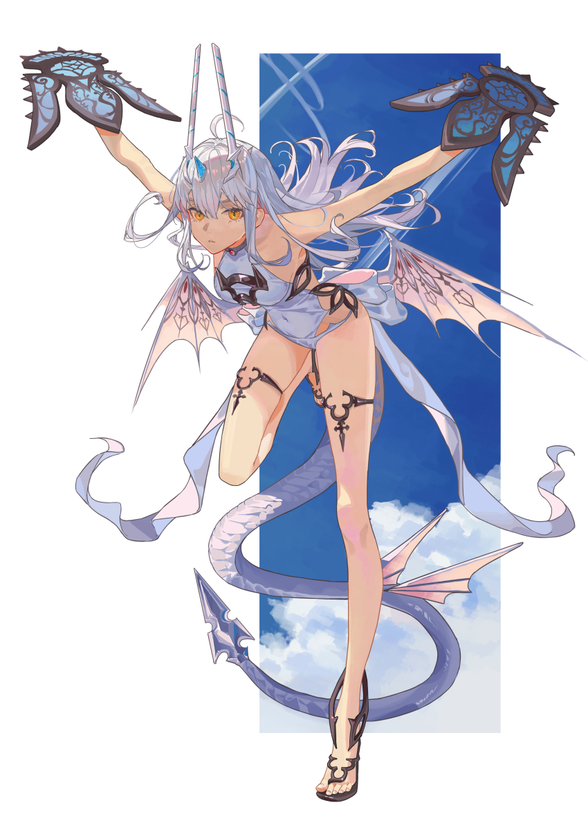 1girl absurdres bare_shoulders breasts dragon_horns fate/grand_order fate_(series) forked_eyebrows full_body highres horns long_hair looking_at_viewer melusine_(fate) melusine_(swimsuit_ruler)_(fate) melusine_(swimsuit_ruler)_(second_ascension)_(fate) one-piece_swimsuit rong_kui_baku solo swimsuit white_hair white_one-piece_swimsuit yellow_eyes