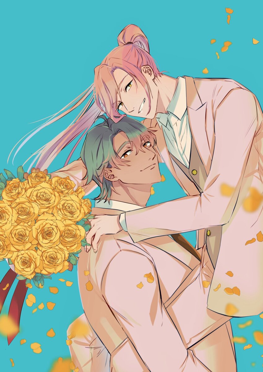 2boys ahoge blue_background bouquet brown_vest carrying carrying_person cherry_blossom_(sk8) closed_mouth collared_shirt colored_tips couple curtained_hair dark-skinned_male dark_skin falling_petals feet_out_of_frame flower formal_clothes from_side green_hair grin groom hair_between_eyes highres holding holding_bouquet husband_and_husband jacket joe_(sk8) kou_08 long_hair long_sleeves looking_at_viewer looking_to_the_side male_focus multicolored_hair multiple_boys orange_eyes pants petals pink_hair pink_jacket pink_pants pink_suit ponytail rose shirt short_hair sideways_glance simple_background sk8_the_infinity smile suit suit_jacket swept_bangs upper_body vest wedding white_shirt yaoi yellow_eyes yellow_flower yellow_rose