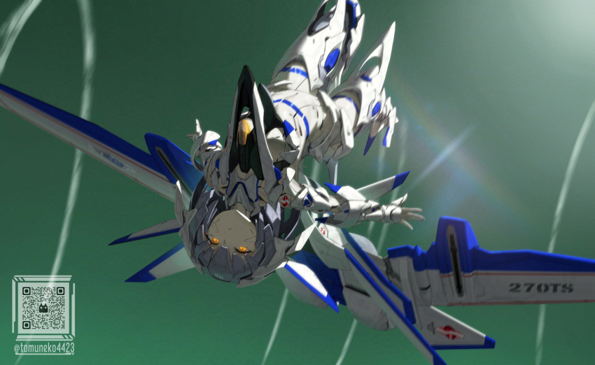 1girl android closed_mouth commentary_request flying frx-99_rafe grey_hair highres lens_flare looking_at_viewer mecha_musume mechanical_hair mechanical_wings personification qr_code sentou_yousei_yukikaze short_hair sky solo tom-neko_(zamudo_akiyuki) twitter_username upside-down wings yellow_eyes