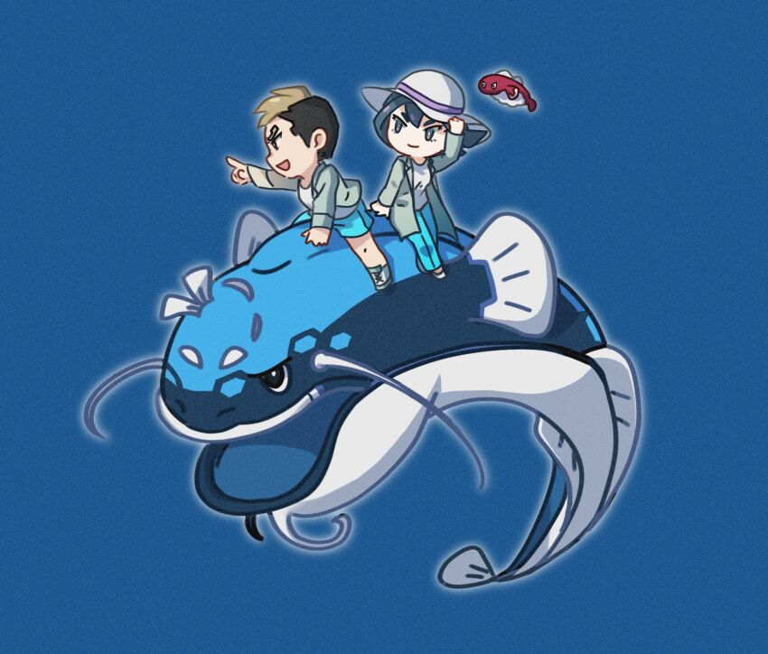 1boy 1girl black_hair blue_background bright_pupils chibi closed_mouth coat commentary_request dondozo green_pants hand_on_headwear hat highres maxwell_yaochu nintendo onia_(pokemon) open_clothes open_coat pants pointing pokemon pokemon_(anime) pokemon_(creature) pokemon_horizons riding riding_pokemon shirt shoes short_hair shorts sitting smile tatsugiri white_headwear white_shirt zirc_(pokemon)