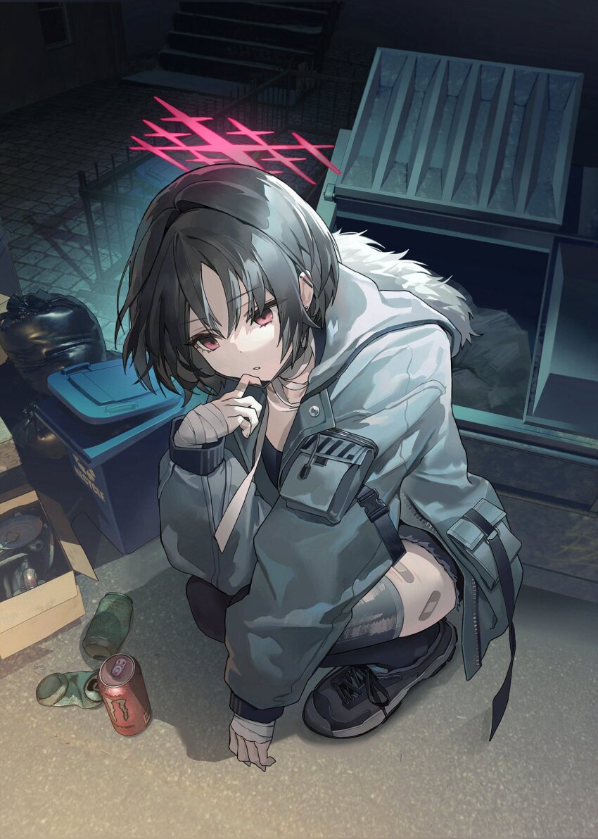 1girl alternate_costume bandages black_mask blue_archive brown_hair can crushed_can drink_can energy_drink halo highres hy_(hem_oo) mask misaki_(blue_archive) monster_energy mouth_mask pink_eyes red_halo solo