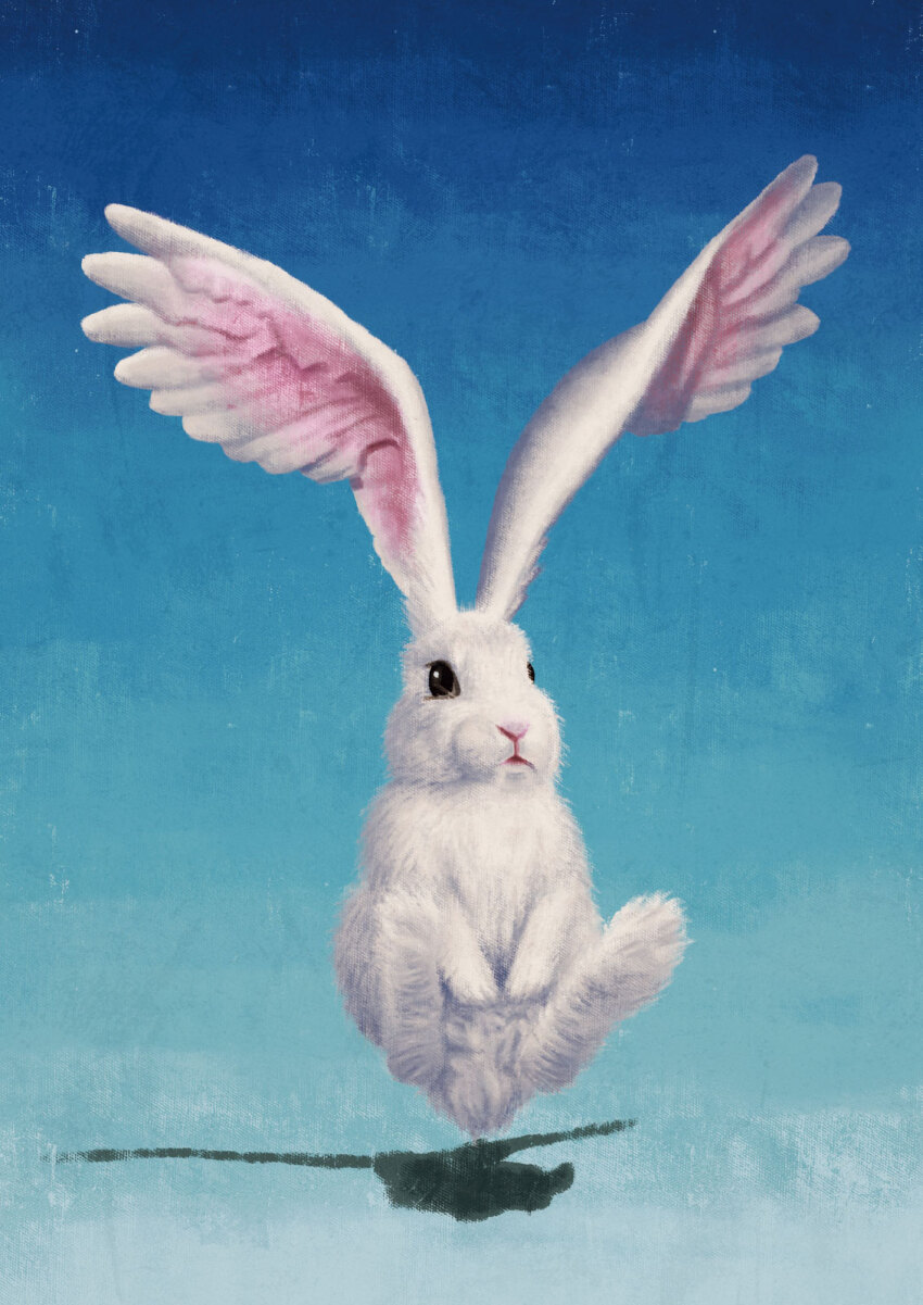 animal animal_focus black_eyes blue_sky canvas_texture ear_wings faux_traditional_media feathered_wings floating highres looking_ahead no_humans original parted_lips rabbit sadajiro shadow sky solo wings