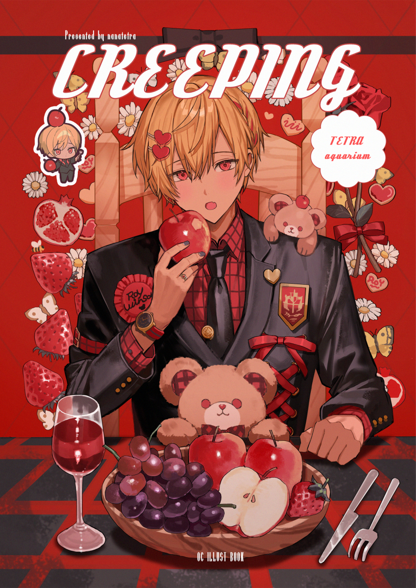 1boy absurdres apple argyle_background arm_belt artist_name bee black_jacket black_nails black_necktie black_ribbon blonde_hair blush bow bowtie braid bug butler butler_(nana_tetra) butterfly chamomile checkered_belt checkered_bow checkered_bowtie checkered_clothes checkered_shirt checkered_tablecloth chibi collared_shirt commentary_request cover cover_page cup drinking_glass english_text fang flower food fork fruit grapes hair_between_eyes hair_ornament hair_scrunchie hand_on_table heart heart_hair_ornament highres holding holding_food holding_fruit insect jacket jewelry knife looking_at_viewer male_focus nana_tetra necktie on_chair open_mouth original pomegranate red_background red_bow red_bowtie red_eyes red_flower red_ribbon red_rose red_shirt ribbon ring rose scrunchie shirt short_hair sitting skin_fang solo strawberry stuffed_animal stuffed_toy teddy_bear upper_body watch wine_glass wooden_plate wristwatch yellow_butterfly