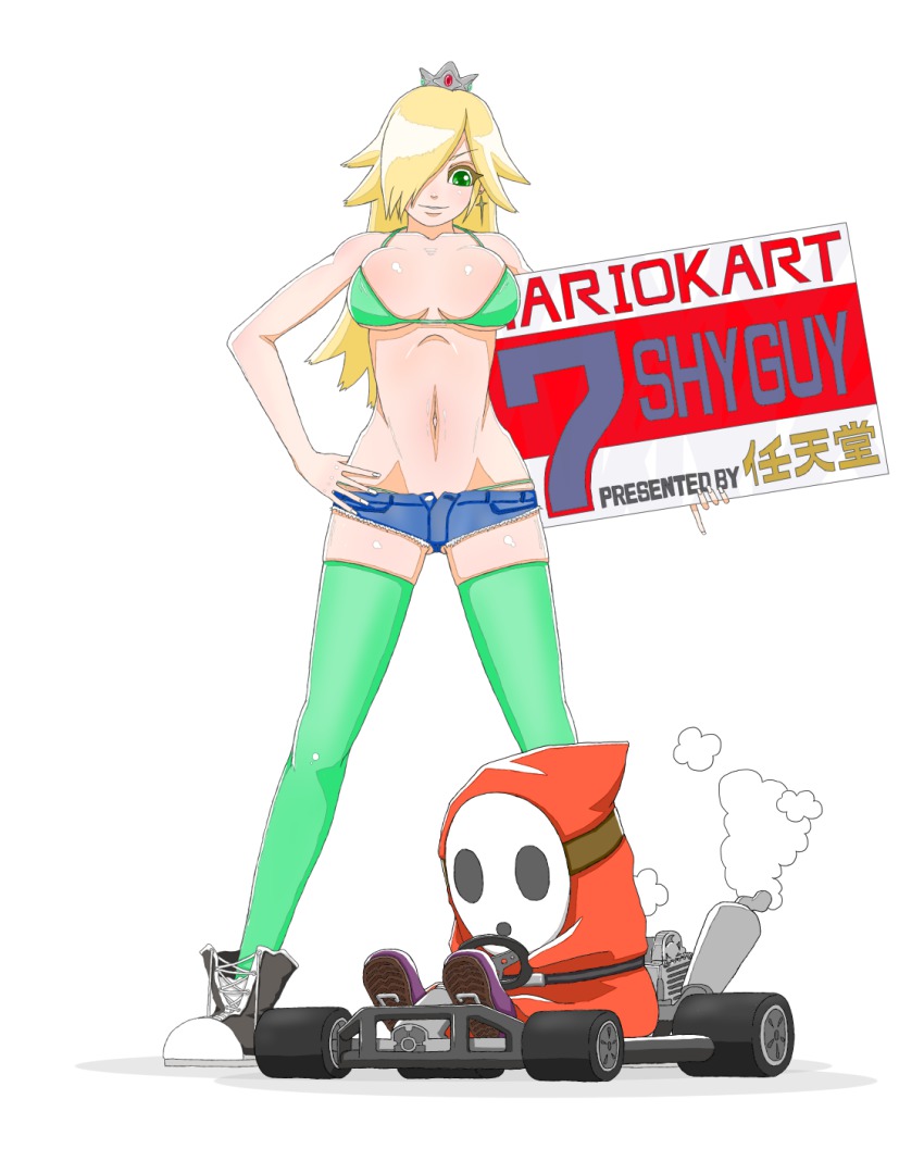 1girl bikini bikini_top_only blonde_hair breasts car character_name copyright_name crown denim denim_shorts go-kart green_eyes green_thighhighs hair_over_one_eye hand_on_own_hip highres large_breasts long_hair lowleg mario_(series) mario_kart mario_kart_7 motor_vehicle navel nintendo rosalina shoes short_shorts shorts shy_guy simple_background sneakers super_mario_bros._1 super_mario_galaxy swimsuit thighhighs view_between_legs
