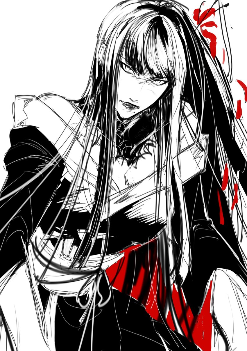 1girl collar cowboy_shot final_fantasy final_fantasy_xiv frown greyscale highres hyur japanese_clothes kimono long_hair looking_at_viewer monochrome obi off_shoulder ps_(postscript) sash simple_background sketch solo spot_color white_background yotsuyu_goe_brutus