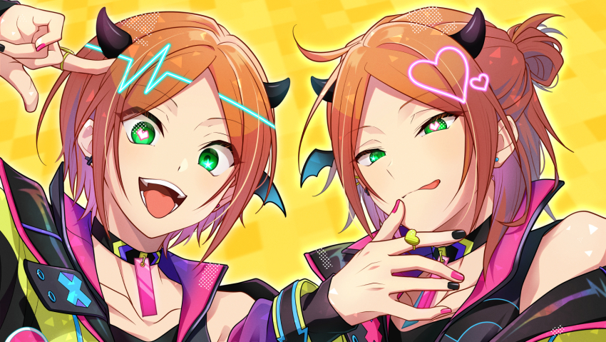 2boys 2wink_(ensemble_stars!) :p aoi_hinata aoi_yuta arm_up black_nails bright_pupils choker earrings ensemble_stars! finger_to_head green_eyes hand_up heart heart-shaped_pupils heart_ring highres horns jewelry looking_at_viewer male_focus medium_hair mismatched_pupils multicolored_nails multiple_boys open_mouth orange_hair outline parted_hair patterned_background pink_nails portrait ring short_hair shoulder-to-shoulder siblings single_off_shoulder symbol-shaped_pupils take_no_ko teeth thumb_to_mouth tongue tongue_out twins two-tone_nails white_pupils yellow_background