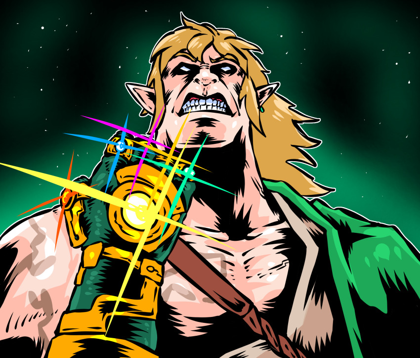 archaic_set_(zelda) asymmetrical_clothes bidul_(bidul72476120) blank_eyes blonde_hair blue_gemstone body_markings broad_shoulders cel_shading chest_tattoo clenched_hand clenched_teeth earrings gauntlets gem glowing_gem green_background green_gemstone green_tunic grimace hair_down highres infinity_gauntlet jewelry large_pectorals link medium_hair messy_hair multiple_rings muscular muscular_male nintendo no_pupils orange_gemstone parody pectorals pointy_ears purple_gemstone red_gemstone ring shoulder_tattoo single_bare_shoulder style_parody tattoo teeth thanos the_legend_of_zelda the_legend_of_zelda:_tears_of_the_kingdom tunic yellow_gemstone