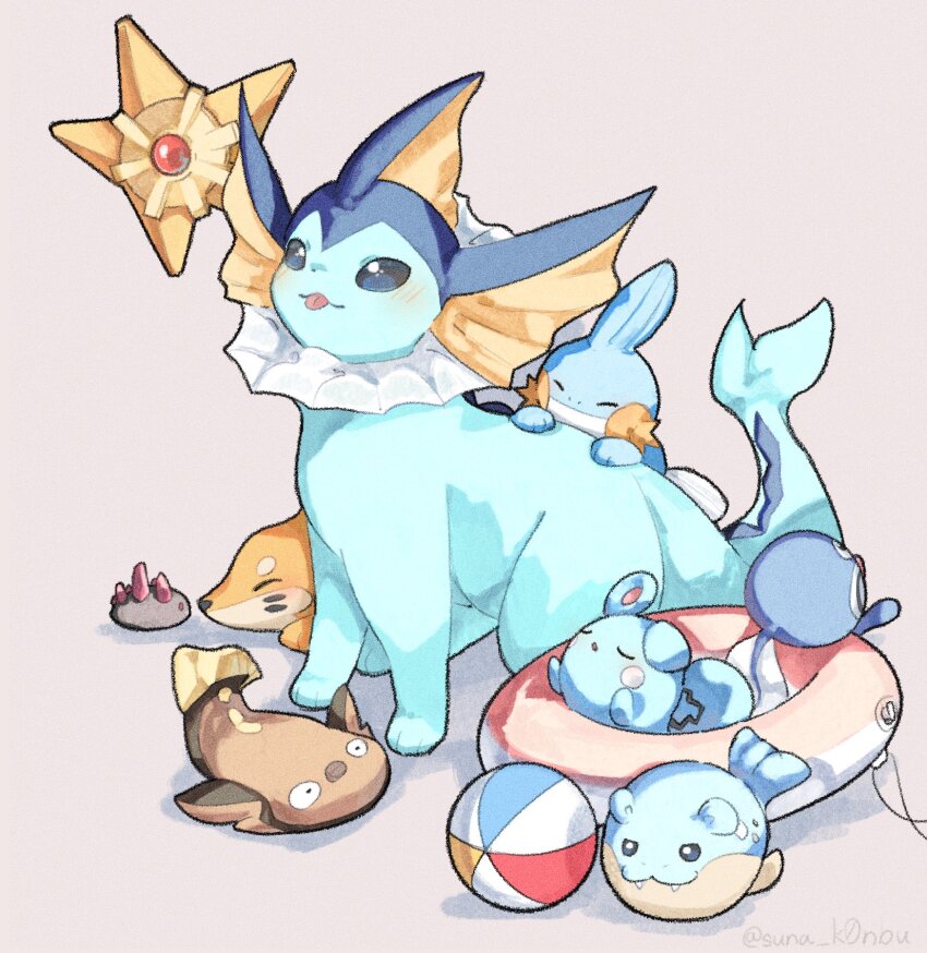 azurill ball beachball buizel closed_eyes closed_mouth fins forked_tail game_freak gen_1_pokemon gen_3_pokemon gen_4_pokemon gen_5_pokemon gen_7_pokemon head_fins highres mudkip nintendo no_humans pokemon pokemon_(creature) poliwag pyukumuku shadow smile spheal staryu stunfisk suna_k0nbu swim_ring tail tongue tongue_out twitter_username vaporeon