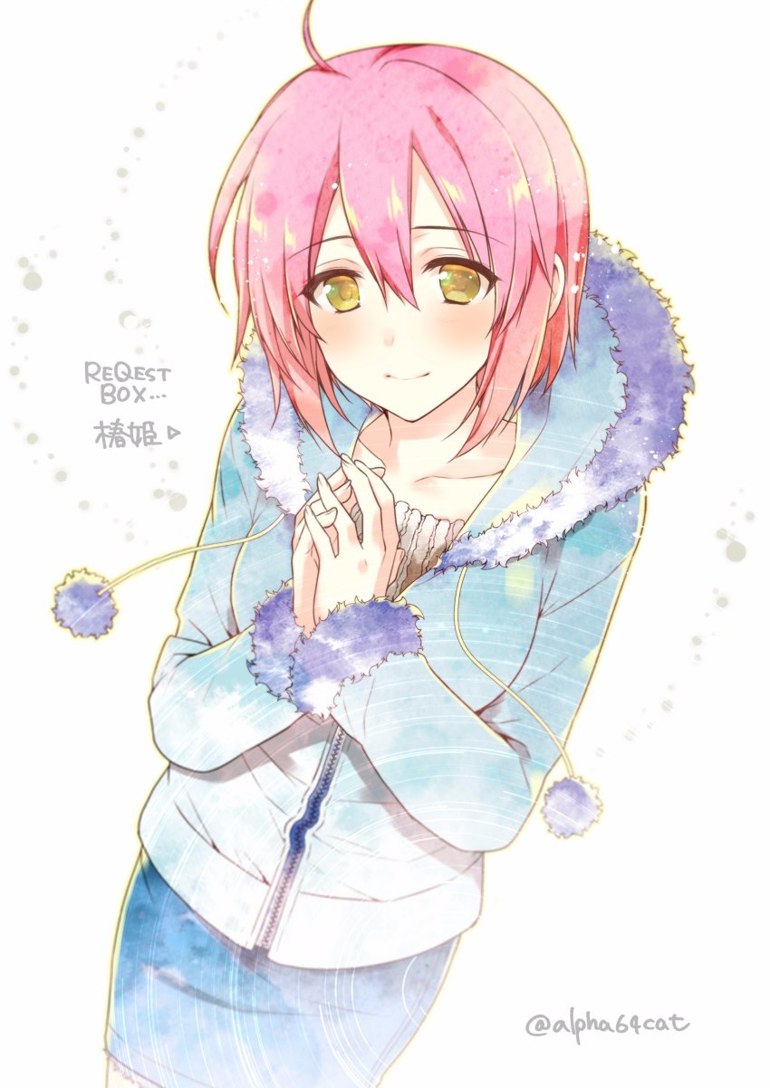 1girl absurdres alpha_(yukai_na_nakamatachi) blush character_name collarbone commentary_request female_focus g-senjou_no_maou highres jacket jpeg_artifacts miwa_tsubaki pink_hair pom_pom_(clothes) short_hair signature skirt solo twitter_username yellow_eyes