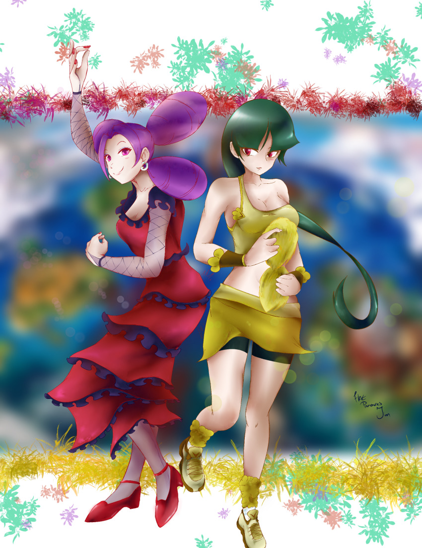 2girls absurdres arm_up blurry blurry_background blush breasts cheerleader cosplay dress earrings fantina_(pokemon) flatpancakesjim gen_7_pokemon high_heels highres jewelry long_dress long_hair medium_breasts multiple_girls nintendo oricorio oricorio_(baile) oricorio_(cosplay) oricorio_(pom-pom) pants pokemon pokemon_dppt pokemon_lgpe pom_pom_(cheerleading) red_eyes sabrina_(pokemon) simple_background skirt tight_clothes tight_pants
