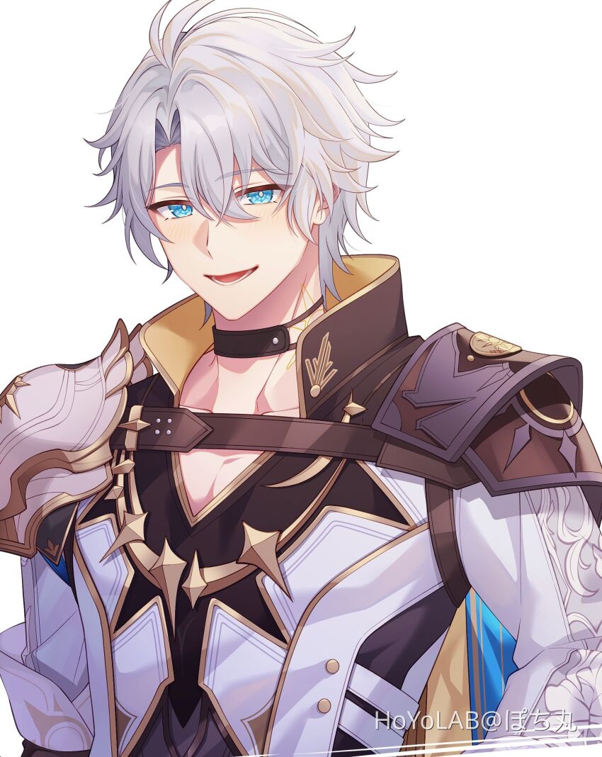1boy absurdres armor black_choker blue_eyes blue_hair blush choker coat hair_between_eyes highres honkai:_star_rail honkai_(series) long_sleeves male_focus neck_tattoo open_mouth phainon_(honkai:_star_rail) pochimaru_(marumaru_wanwan) shirt short_hair shoulder_armor solo tattoo white_background white_coat white_hair