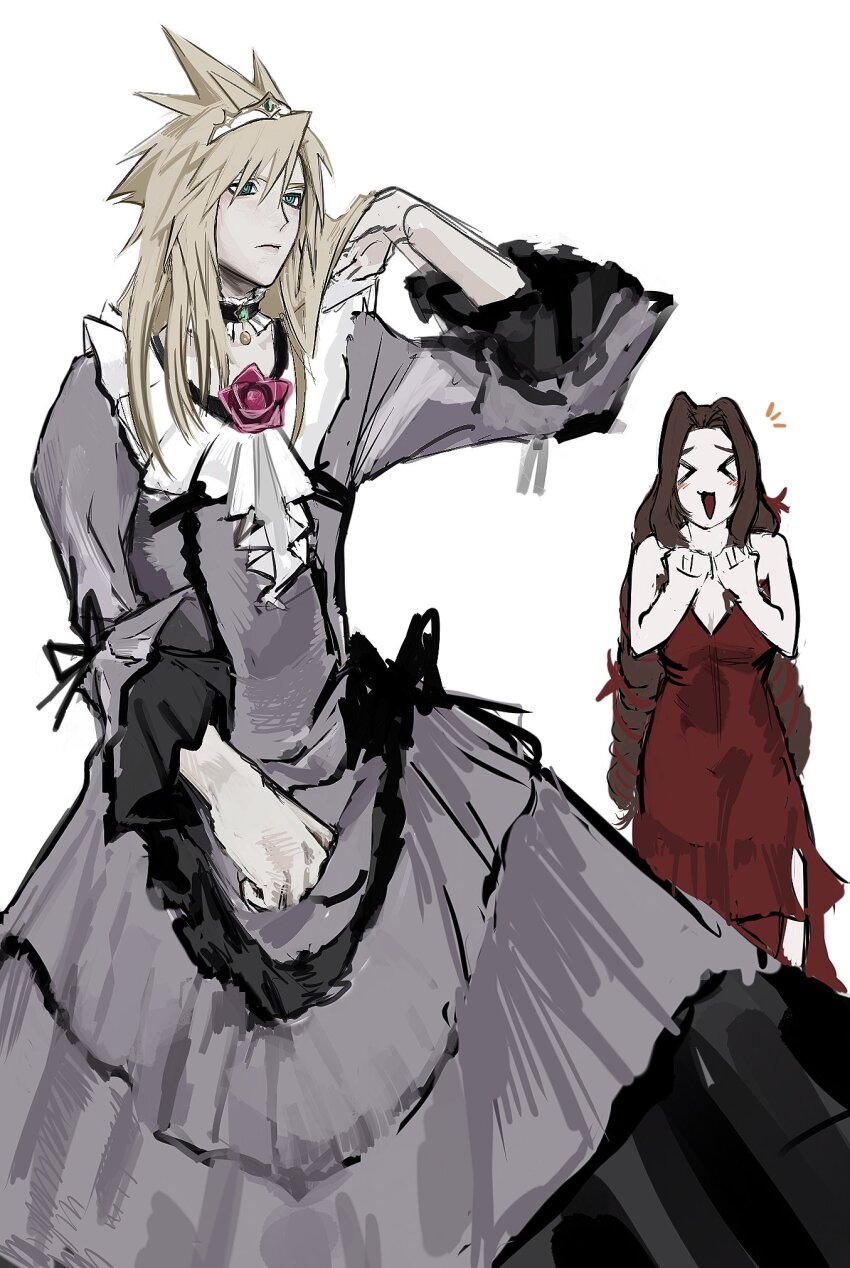 &gt;_&lt; 1boy 1girl :d aerith_gainsborough aerith_gainsborough_(red_dress) aqua_eyes blonde_hair breasts cho5782 choker cleavage cloud_strife cloud_strife_(ball_gown) crossdressing dress dress_flower final_fantasy final_fantasy_vii final_fantasy_vii_remake flamenco_dress flower frilled_dress frills hair_between_eyes hair_flower hair_ornament hand_in_own_hair highres long_hair medium_breasts official_alternate_costume open_mouth parted_bangs pendant_choker purple_dress red_dress ribbon_choker side_slit sidelocks sketch smile spiked_hair tiara white_background xd