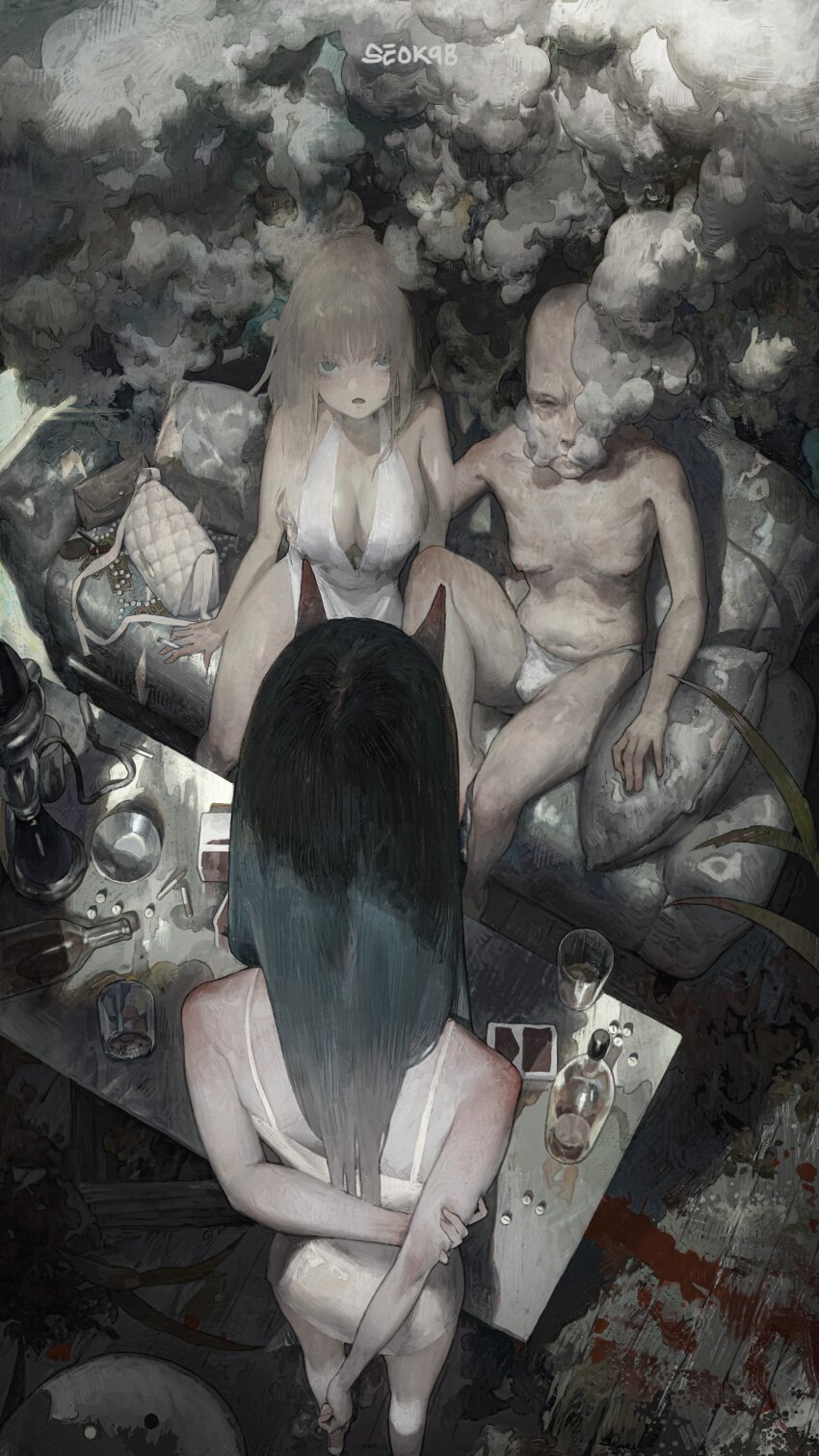 3girls absurdres arms_behind_back bag bald bald black_hair blood blood_on_ground blue_eyes bottle breasts cigarette cleavage commentary couch cup cushion dress from_above from_behind full_body grey_theme handbag highres holding_own_arm horns knee_up large_breasts leaf long_hair looking_at_another looking_at_viewer messy multiple_girls muted_color nipples old old_woman on_couch open_mouth original panties pill sagging_breasts seok98 serious sitting small_breasts smoke standing table underwear white_dress white_panties wooden_floor
