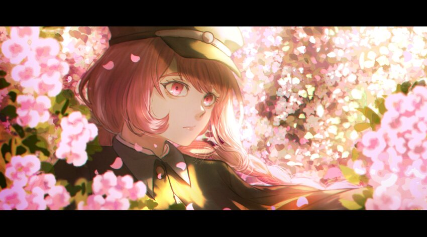 1girl black_cloak braid cherry_blossoms cloak expressionless gakuseibou hat highres jubishii letterboxed long_hair looking_ahead pink_eyes pink_hair portrait semba_tsuruko signature solo tribe_nine twitter_username