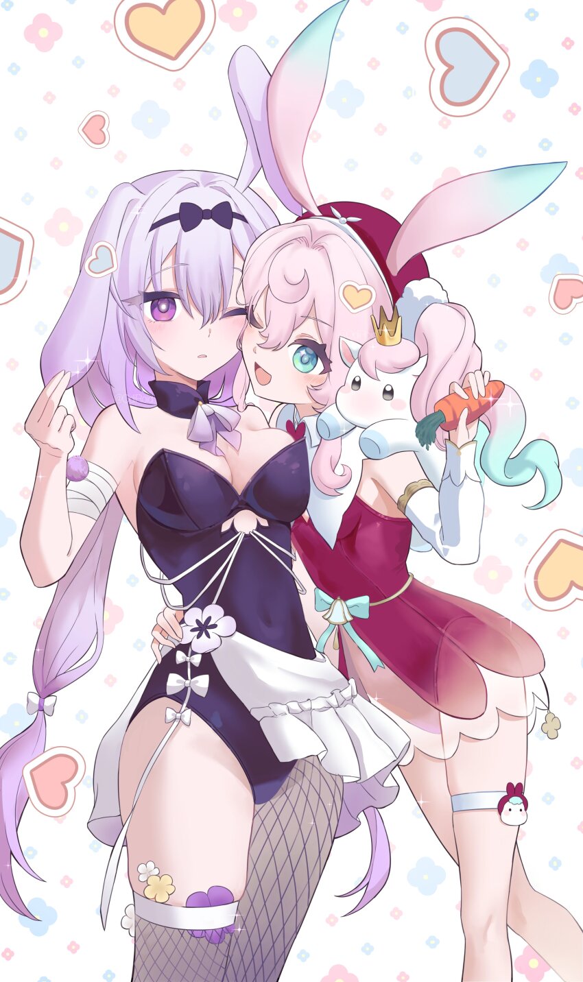 2girls absurdres animal animal_ears animal_on_shoulder aqua_eyes aqua_hair beret breasts castorice_(honkai:_star_rail) chimera_(honkai:_star_rail) cleavage commentary covered_navel detached_sleeves fake_animal_ears fishnet_pantyhose fishnet_thighhighs fishnets hat heart heart_background highres honkai:_star_rail honkai_(series) hyacine_(honkai:_star_rail) leotard long_hair medium_breasts medium_hair multicolored_hair multiple_girls odiroid one_eye_closed open_mouth pantyhose pink_hair playboy_bunny purple_eyes purple_hair purple_leotard rabbit_ears red_leotard single_leg_pantyhose single_thighhigh symbol-only_commentary thigh_strap thighhighs thighs twintails two-tone_hair