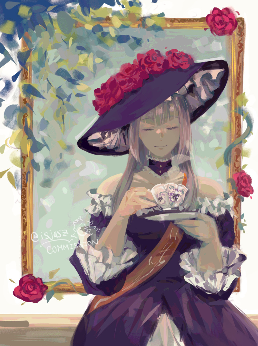 absurdres black_dress choker closed_eyes commission cup dress flower frills grey_hair hat highres hime_cut holding holding_cup isjasz leaf long_hair orange_sash plant portrait_(object) rose sash smile teacup umineko_no_naku_koro_ni vines virgilia_(umineko)