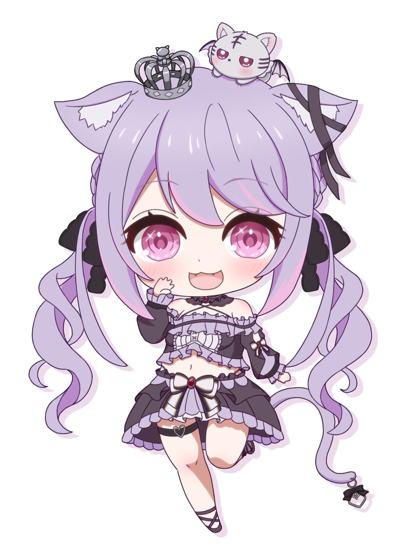 1girl :3 animal_ear_fluff animal_ears awotaka black_bow black_collar black_ribbon black_shirt black_shoes black_skirt blush bow bow_skirt breasts cat_ears cat_girl cat_tail chibi collar commentary criss-cross_halter crop_top crown detached_collar ear_ribbon fangs frilled_shirt frills full_body hair_bow halterneck highres ina_uruu long_hair looking_at_viewer low_twintails medium_breasts midriff mini_crown multicolored_hair nanashi_inc. navel open_mouth pink_eyes pink_hair purple_hair ribbon shirt shoes simple_background skirt smile solo tail thigh_strap twintails two-tone_bow two-tone_hair virtual_youtuber white_background white_bow