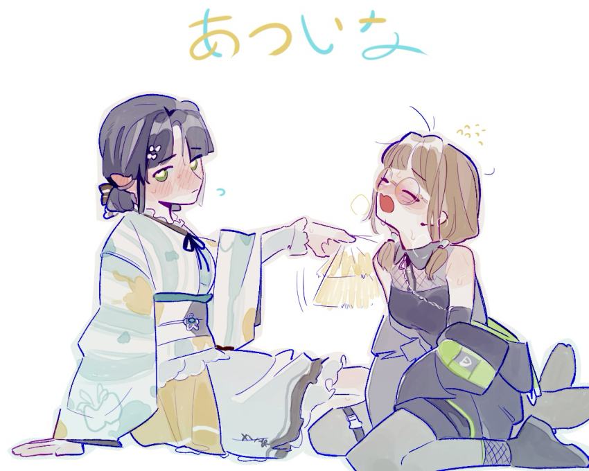 2girls 37.5c_no_fantasy ^_^ i_my_mayday averting_eyes bare_shoulders black_hair black_pantyhose black_shirt black_shoes black_skirt blue_kimono blunt_bangs blush breasts brown_hair closed_eyes coat_partially_removed collared_shirt commentary fanning fishnet_socks fishnet_top fishnets flying_sweatdrops folding_fan frilled_skirt frills full_body green_eyes hair_over_shoulder hair_rings hand_fan holding holding_fan hot japanese_clothes kachimachi_kosuzu kimono kimono_skirt layered_sleeves link!_like!_love_live! long_sleeves love_live! low-tied_hair_ring low_twintails medium_breasts medium_hair medium_skirt miniskirt momose_ginko multiple_girls nose_blush obi obiage obijime official_alternate_costume open_mouth pantyhose pipi_(m1x_mix) sash shirt shoes short_hair short_twintails sidelocks simple_background sitting skirt sleeveless sleeveless_shirt socks socks_over_pantyhose twintails virtual_youtuber wariza white_background white_sash white_skirt