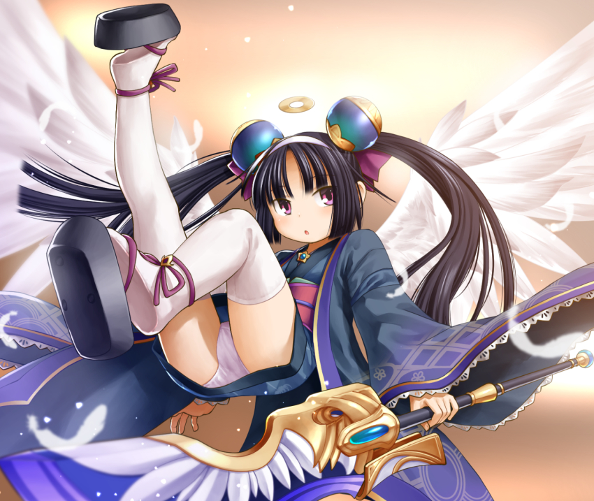 1girl black_hair character_request commentary_request emil_chronicle_online feathered_wings female_focus hair_bobbles hair_ornament hairband halo highres japanese_clothes kasuga_yukihito obi okobo panties pantyshot platform_sandals purple_eyes sandals sash solo staff thighhighs twintails underwear white_panties white_thighhighs wide_sleeves wings