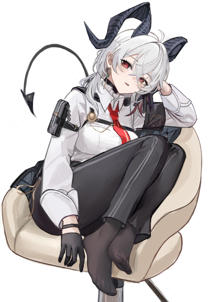 1girl absurdres arm_pouch armband black_armband black_choker black_gloves black_horns black_pants black_pantyhose black_pouch black_tail breasts chest_harness choker collared_shirt commentary curled_horns demon_tail earrings gloves hair_between_eyes harness highres horns jewelry key_earrings large_breasts long_hair long_sleeves nagata_gata necktie no_shoes on_chair pants pantyhose parted_lips red_eyes red_necktie shirt simple_background sitting solo tail tight_clothes tight_pants white_background white_hair white_shirt wuthering_waves zani_(wuthering_waves)