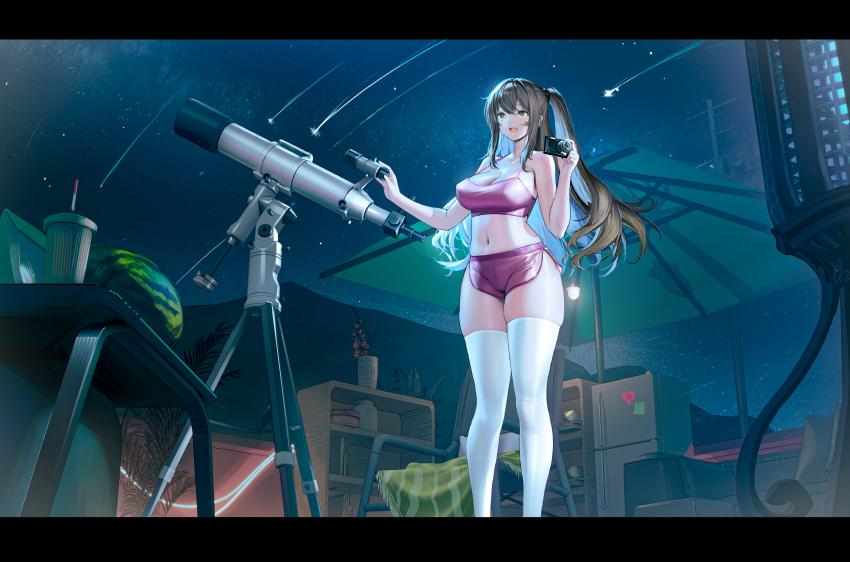 1girl absurdres alternate_costume beach_umbrella breasts brown_eyes brown_hair camera camisole chair cleavage commentary_request cup disposable_cup dolphin_shorts drinking_straw falling_star food fruit girls&#039;_frontline girls&#039;_frontline_2:_exilium gzy hand_on_telescope heart highres holding holding_camera k2_(girls&#039;_frontline) large_breasts midriff navel night night_sky one_side_up open_mouth pink_camisole pink_shorts refrigerator shelf shorts sky smile solo star_(sky) sticker sticky_note telescope thighhighs tripod umbrella watermelon white_thighhighs yoohee_(girls&#039;_frontline_2)