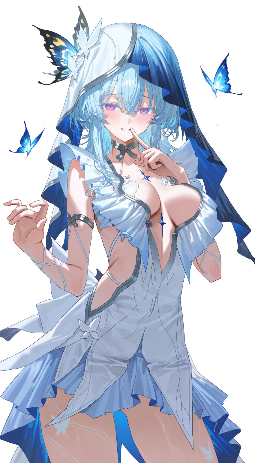 1girl absurdres ago_(ago376) armlet blue_butterfly blue_hair blue_veil blush breasts bug butterfly center_opening colored_eyelashes commentary cowboy_shot dress frilled_dress frills hair_between_eyes highres index_finger_raised insect jewelry large_breasts long_hair looking_at_viewer purple_eyes shorekeeper_(wuthering_waves) simple_background sleeveless sleeveless_dress smile solo thighs two-tone_veil veil white_background white_dress white_veil wuthering_waves